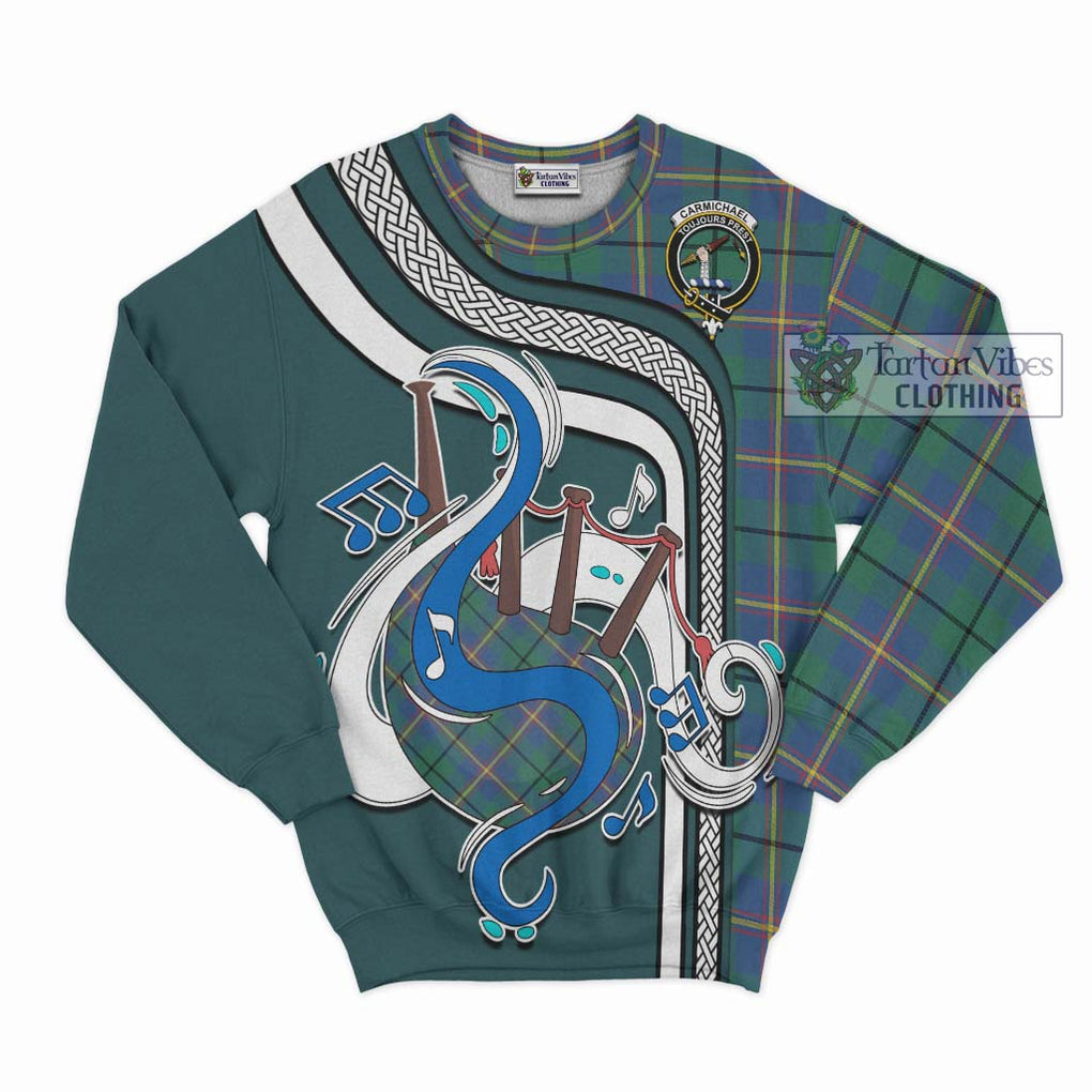 Carmichael Ancient Tartan Sweatshirt with Epic Bagpipe Style - Tartanvibesclothing Shop