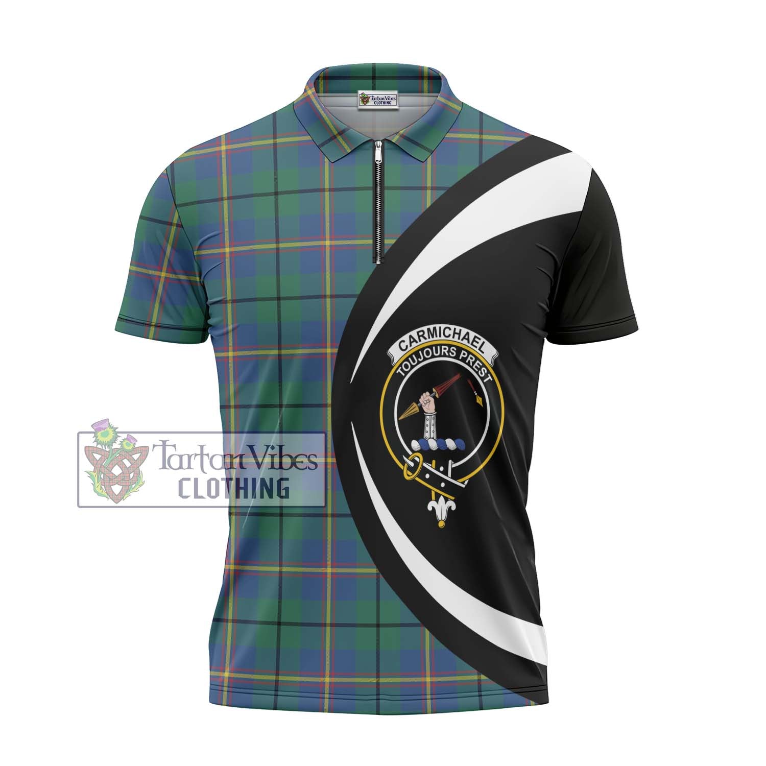 Tartan Vibes Clothing Carmichael Ancient Tartan Zipper Polo Shirt with Family Crest Circle Style