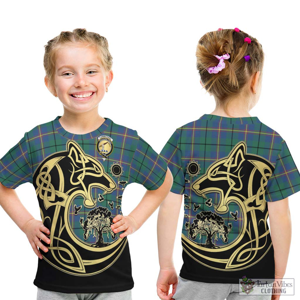 Carmichael Ancient Tartan Kid T-Shirt with Family Crest Celtic Wolf Style - Tartan Vibes Clothing