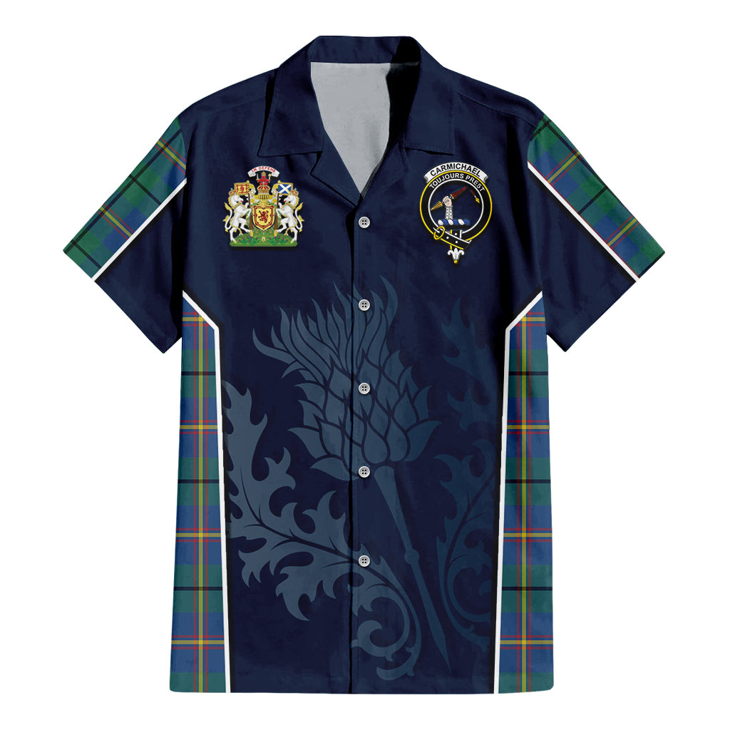 Tartan Vibes Clothing Carmichael Ancient Tartan Short Sleeve Button Up Shirt with Family Crest and Scottish Thistle Vibes Sport Style