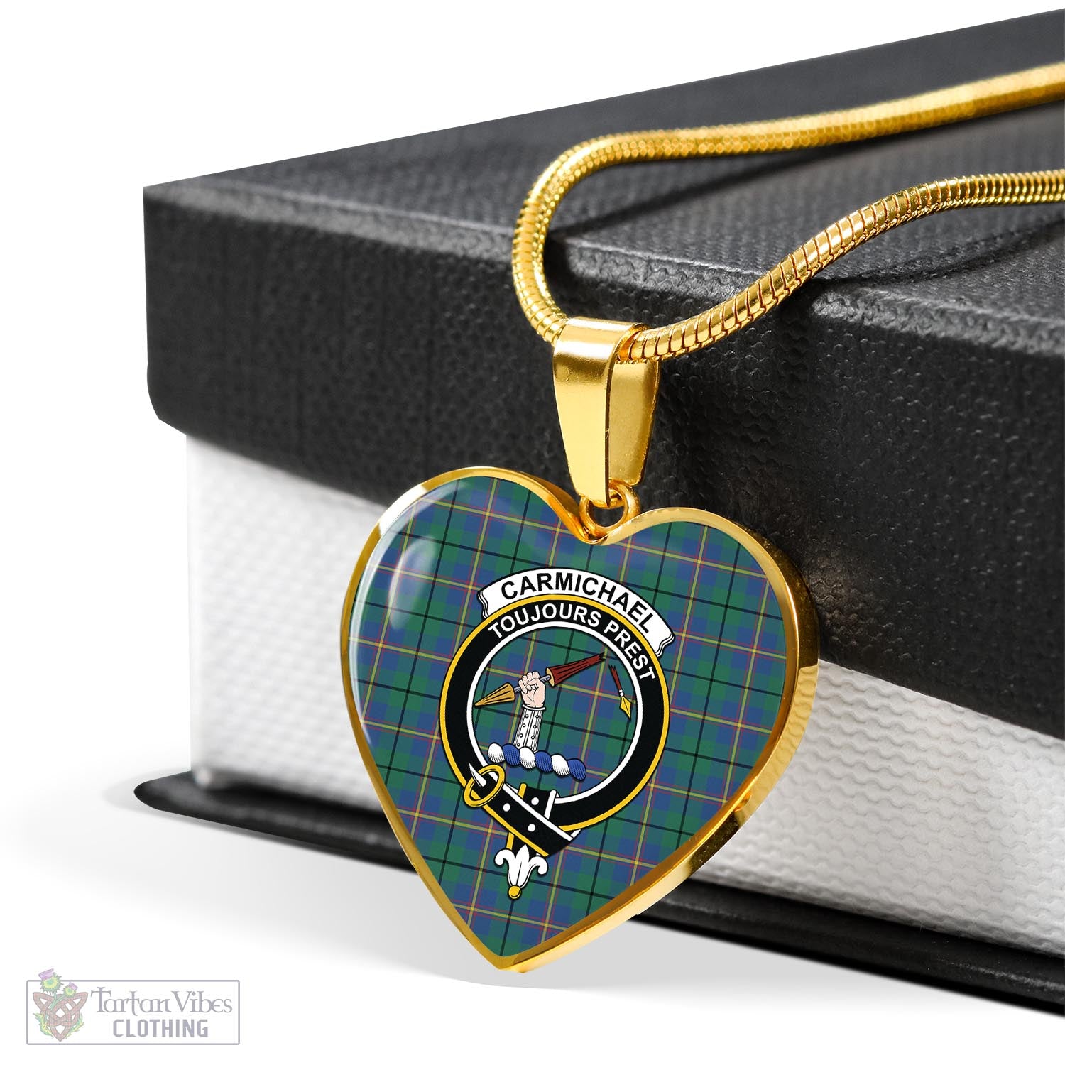 Tartan Vibes Clothing Carmichael Ancient Tartan Heart Necklace with Family Crest