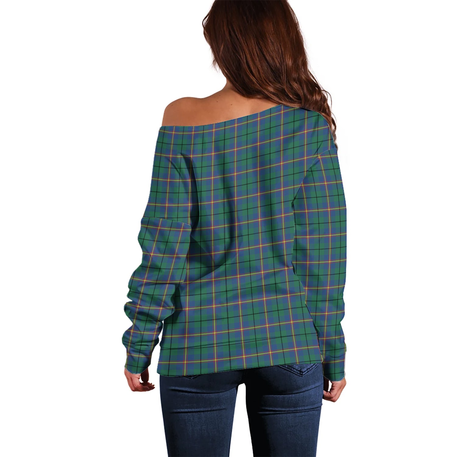 Carmichael Ancient Tartan Off Shoulder Women Sweater with Family Crest - Tartanvibesclothing