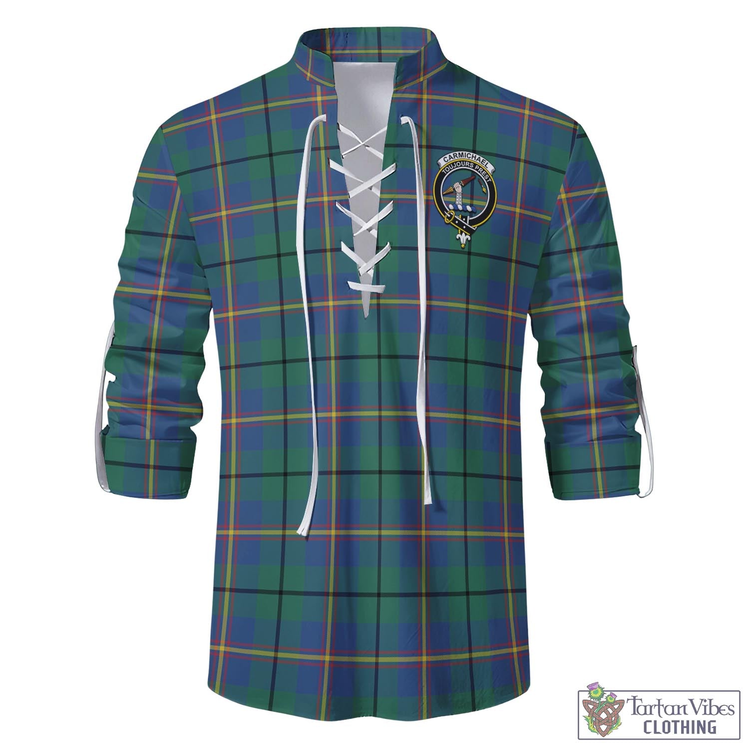 Tartan Vibes Clothing Carmichael Ancient Tartan Men's Scottish Traditional Jacobite Ghillie Kilt Shirt with Family Crest