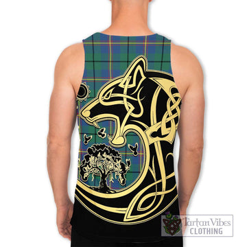 Carmichael Ancient Tartan Men's Tank Top with Family Crest Celtic Wolf Style