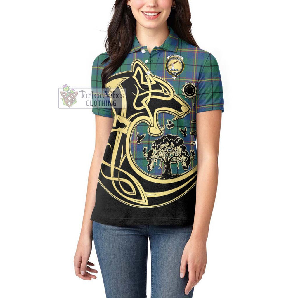 Carmichael Ancient Tartan Women's Polo Shirt with Family Crest Celtic Wolf Style - Tartanvibesclothing Shop