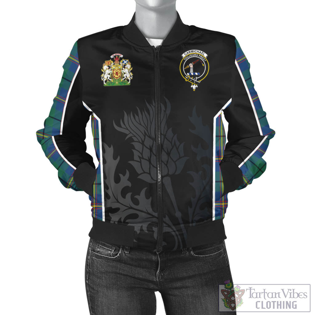 Tartan Vibes Clothing Carmichael Ancient Tartan Bomber Jacket with Family Crest and Scottish Thistle Vibes Sport Style