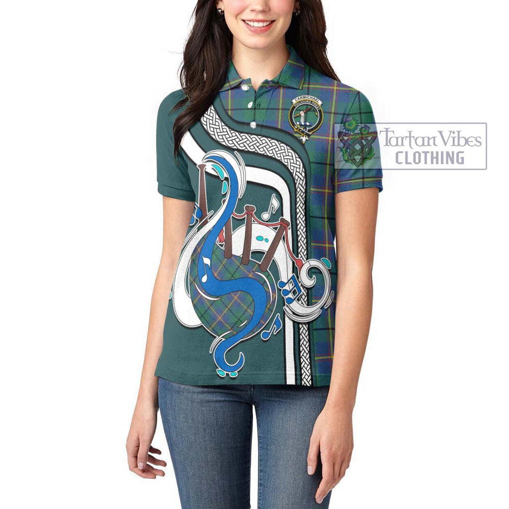 Carmichael Ancient Tartan Women's Polo Shirt with Epic Bagpipe Style - Tartanvibesclothing Shop