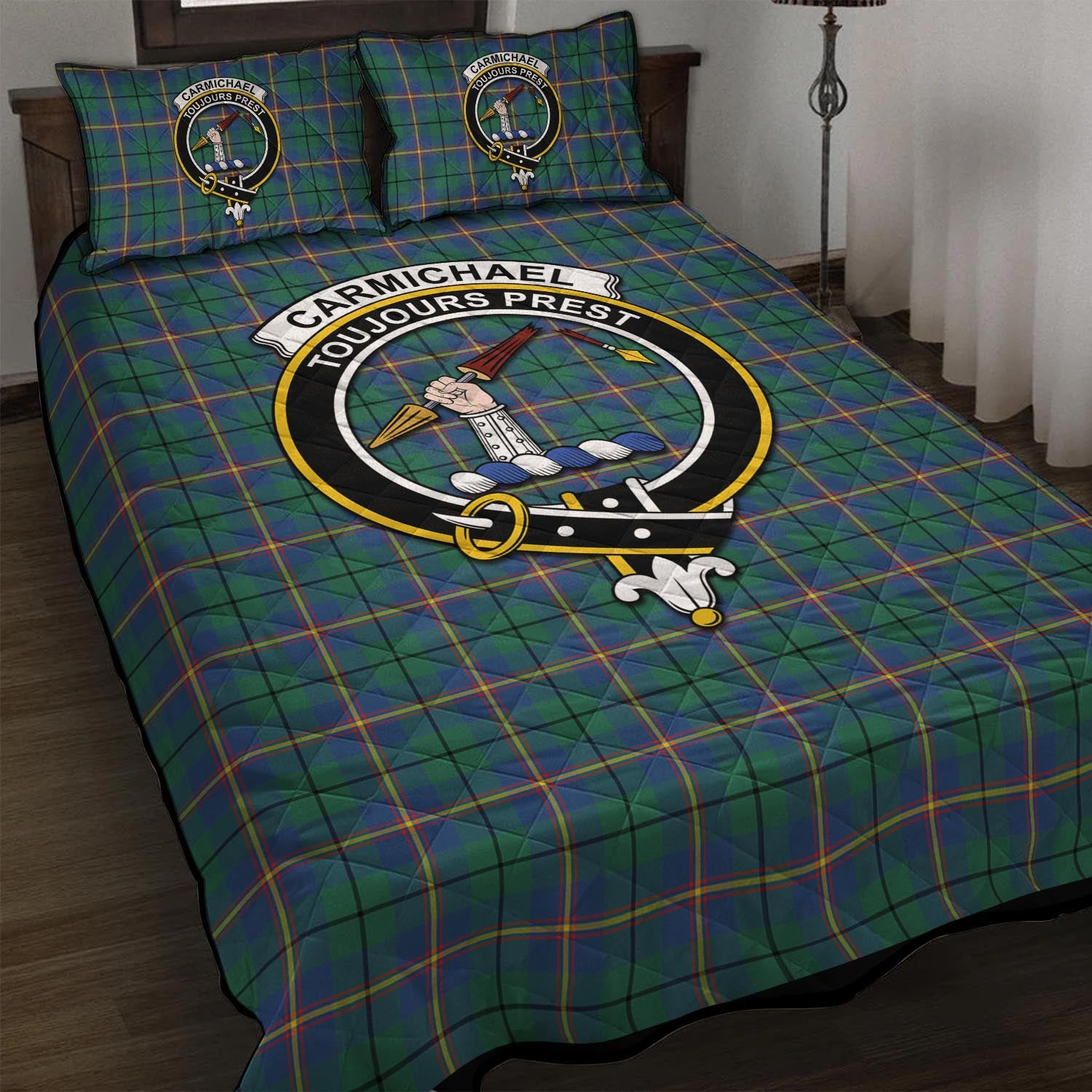 Carmichael Ancient Tartan Quilt Bed Set with Family Crest - Tartan Vibes Clothing