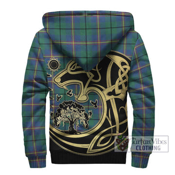 Carmichael Ancient Tartan Sherpa Hoodie with Family Crest Celtic Wolf Style