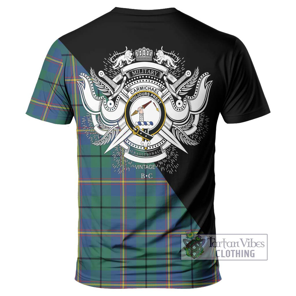 Carmichael Ancient Tartan T-Shirt with Family Crest and Military Logo Style - Tartanvibesclothing Shop