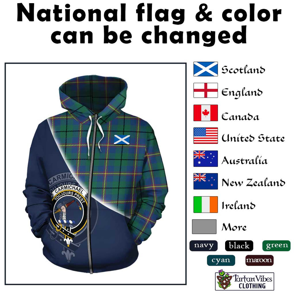 Carmichael Ancient Tartan Hoodie with Personalised National Flag and Family Crest Half Style - Tartanvibesclothing Shop