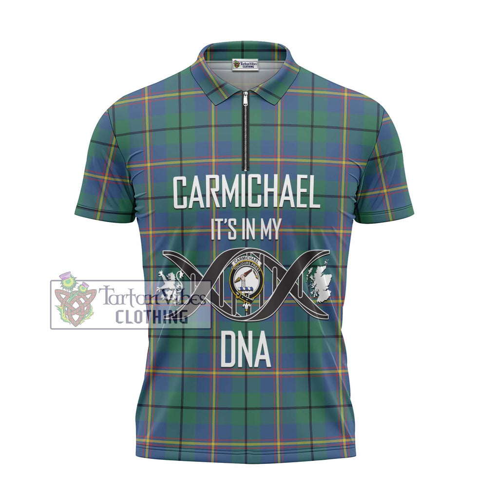 Carmichael Ancient Tartan Zipper Polo Shirt with Family Crest DNA In Me Style - Tartanvibesclothing Shop