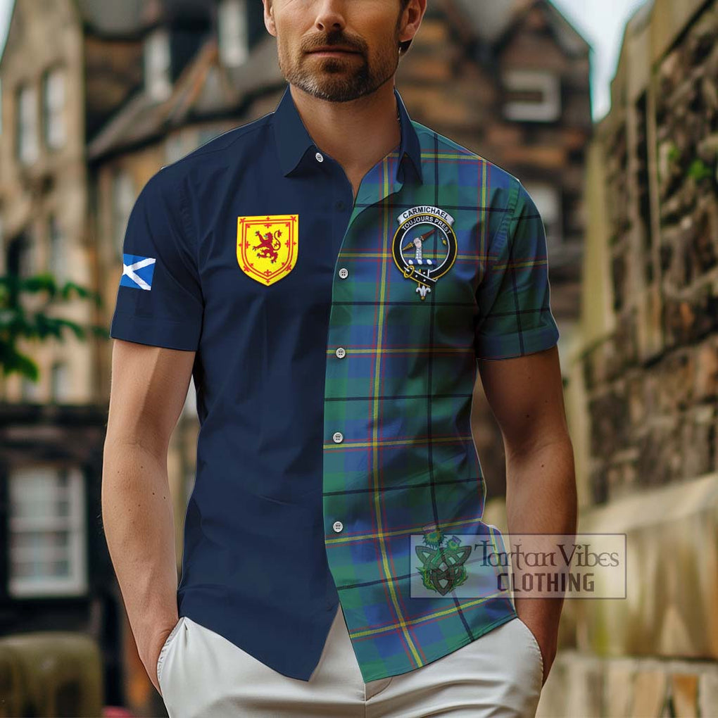 Tartan Vibes Clothing Carmichael Ancient Tartan Short Sleeve Button Shirt with Scottish Lion Royal Arm Half Style