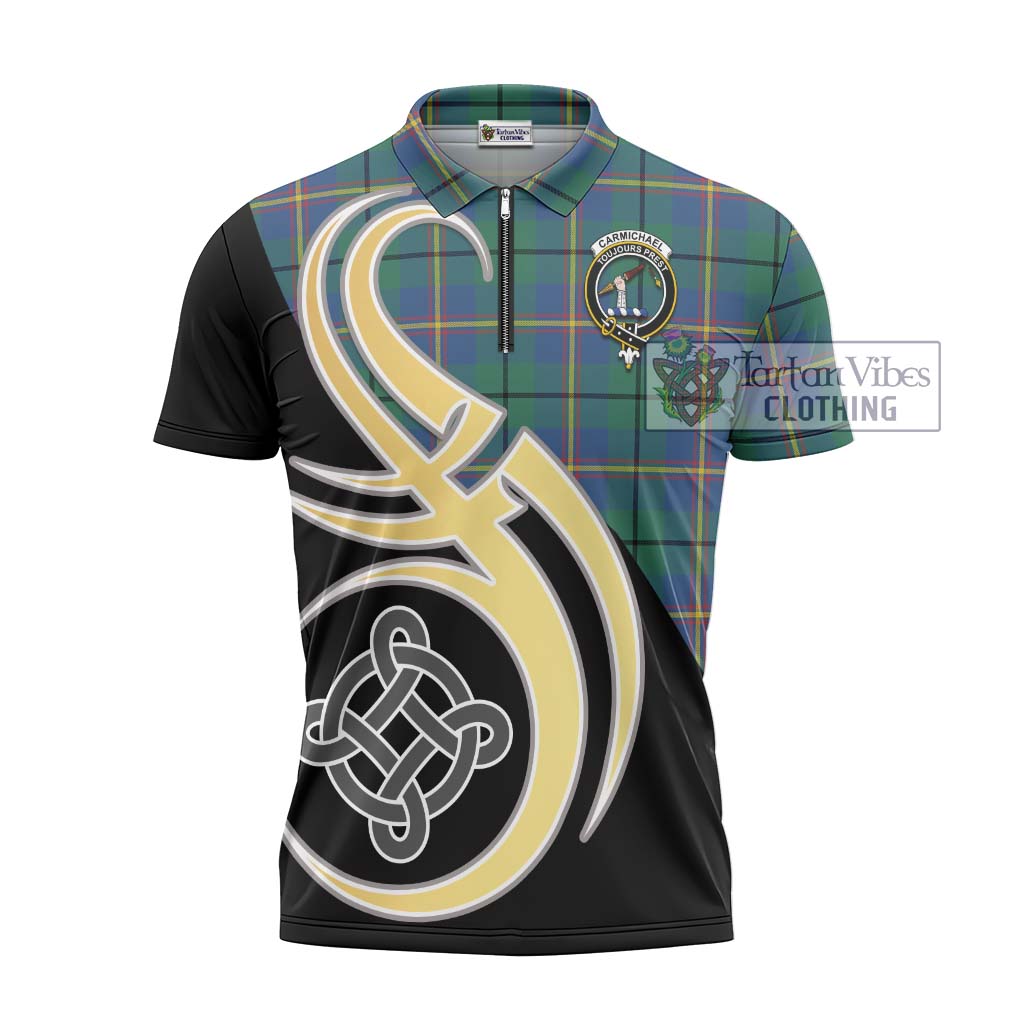 Tartan Vibes Clothing Carmichael Ancient Tartan Zipper Polo Shirt with Family Crest and Celtic Symbol Style