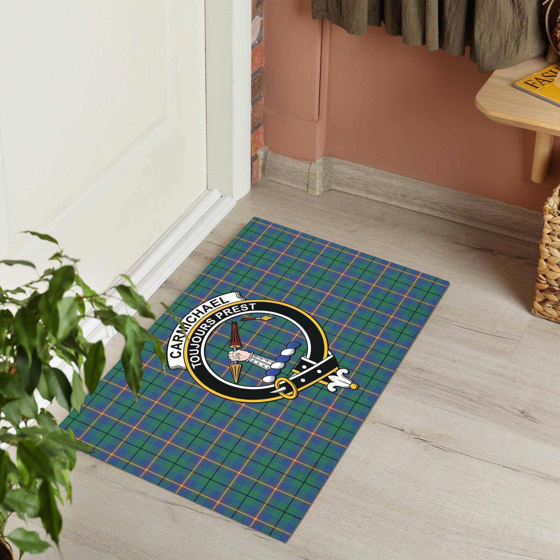 Carmichael Ancient Tartan Door Mat with Family Crest - Tartanvibesclothing