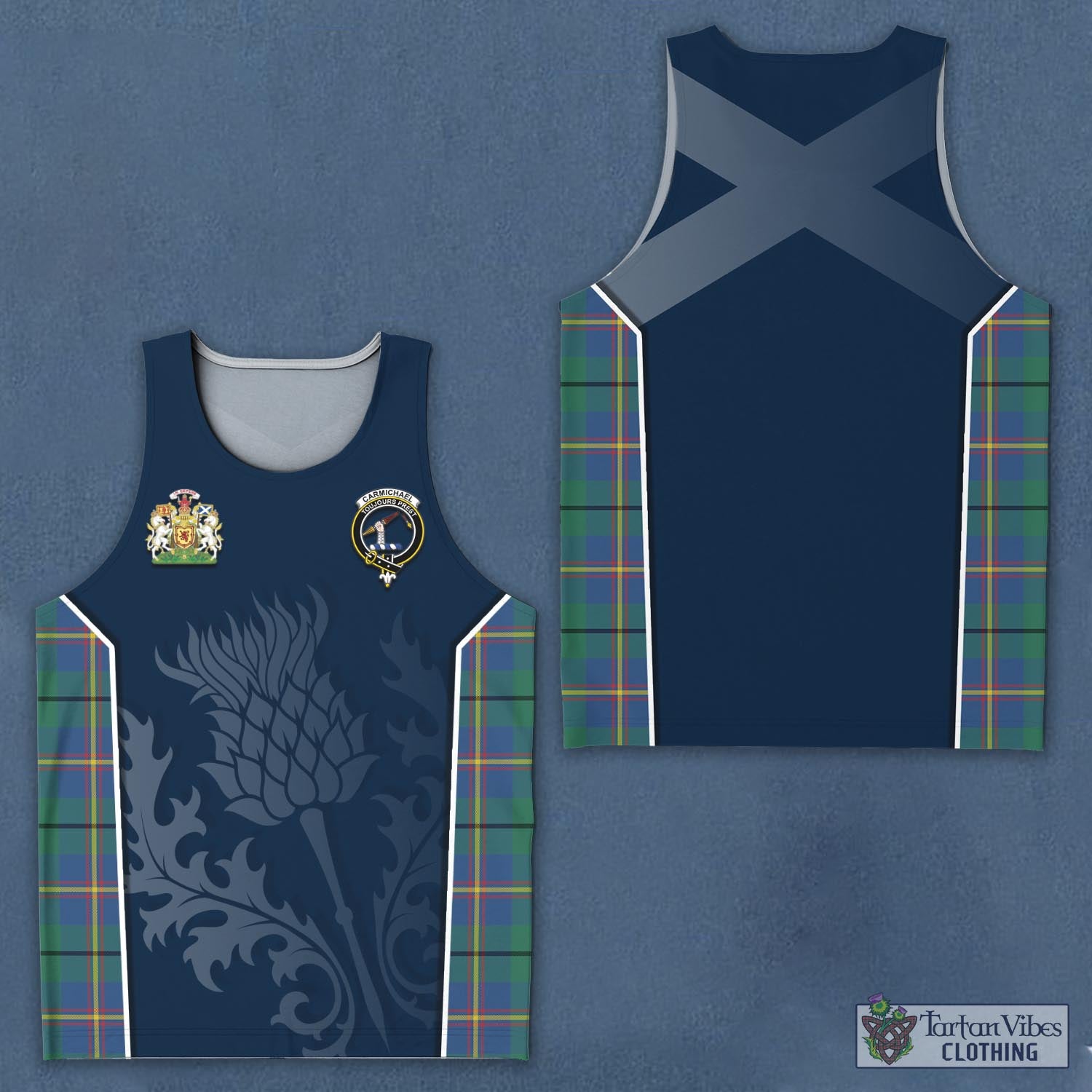 Tartan Vibes Clothing Carmichael Ancient Tartan Men's Tanks Top with Family Crest and Scottish Thistle Vibes Sport Style