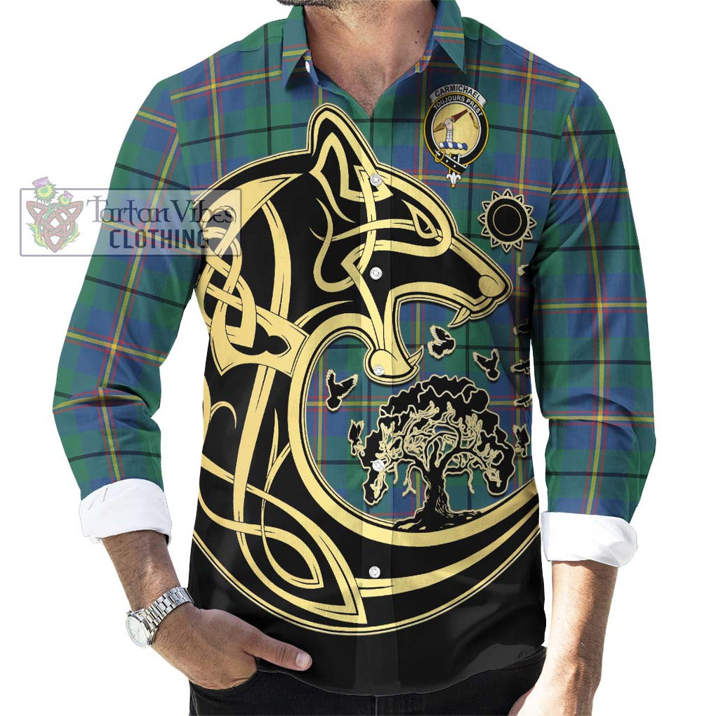 Carmichael Ancient Tartan Long Sleeve Button Shirt with Family Crest Celtic Wolf Style - Tartan Vibes Clothing