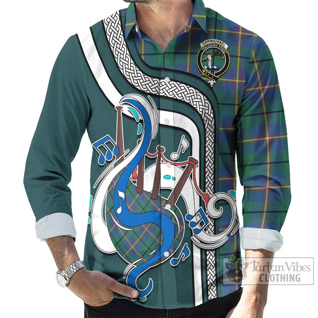 Carmichael Ancient Tartan Long Sleeve Button Shirt with Epic Bagpipe Style - Tartanvibesclothing Shop