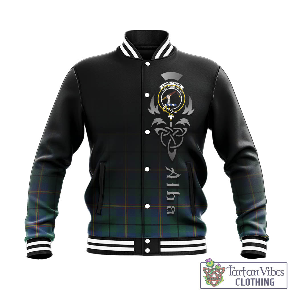 Tartan Vibes Clothing Carmichael Ancient Tartan Baseball Jacket Featuring Alba Gu Brath Family Crest Celtic Inspired