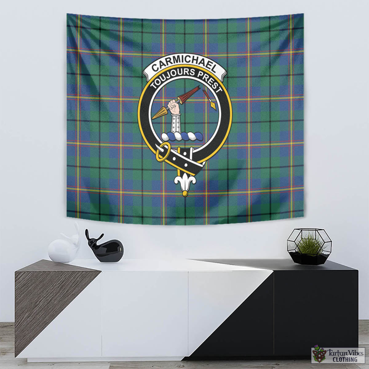 Tartan Vibes Clothing Carmichael Ancient Tartan Tapestry Wall Hanging and Home Decor for Room with Family Crest