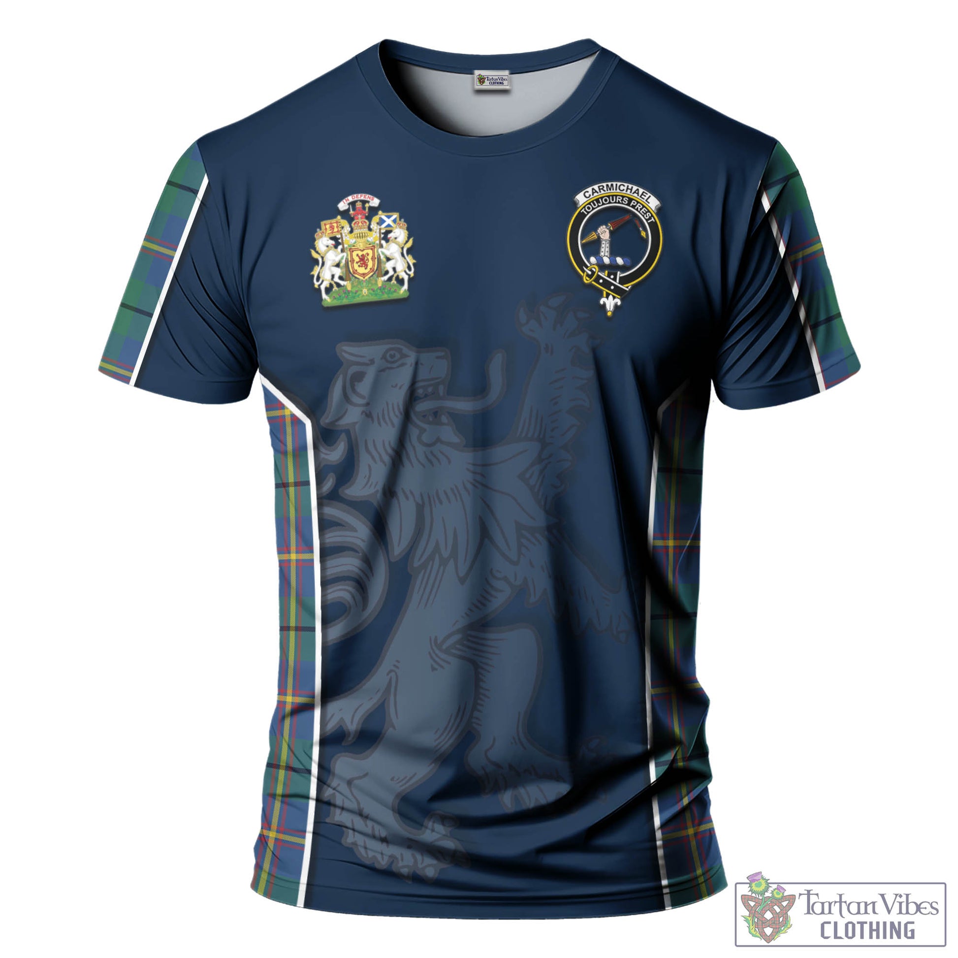 Tartan Vibes Clothing Carmichael Ancient Tartan T-Shirt with Family Crest and Lion Rampant Vibes Sport Style