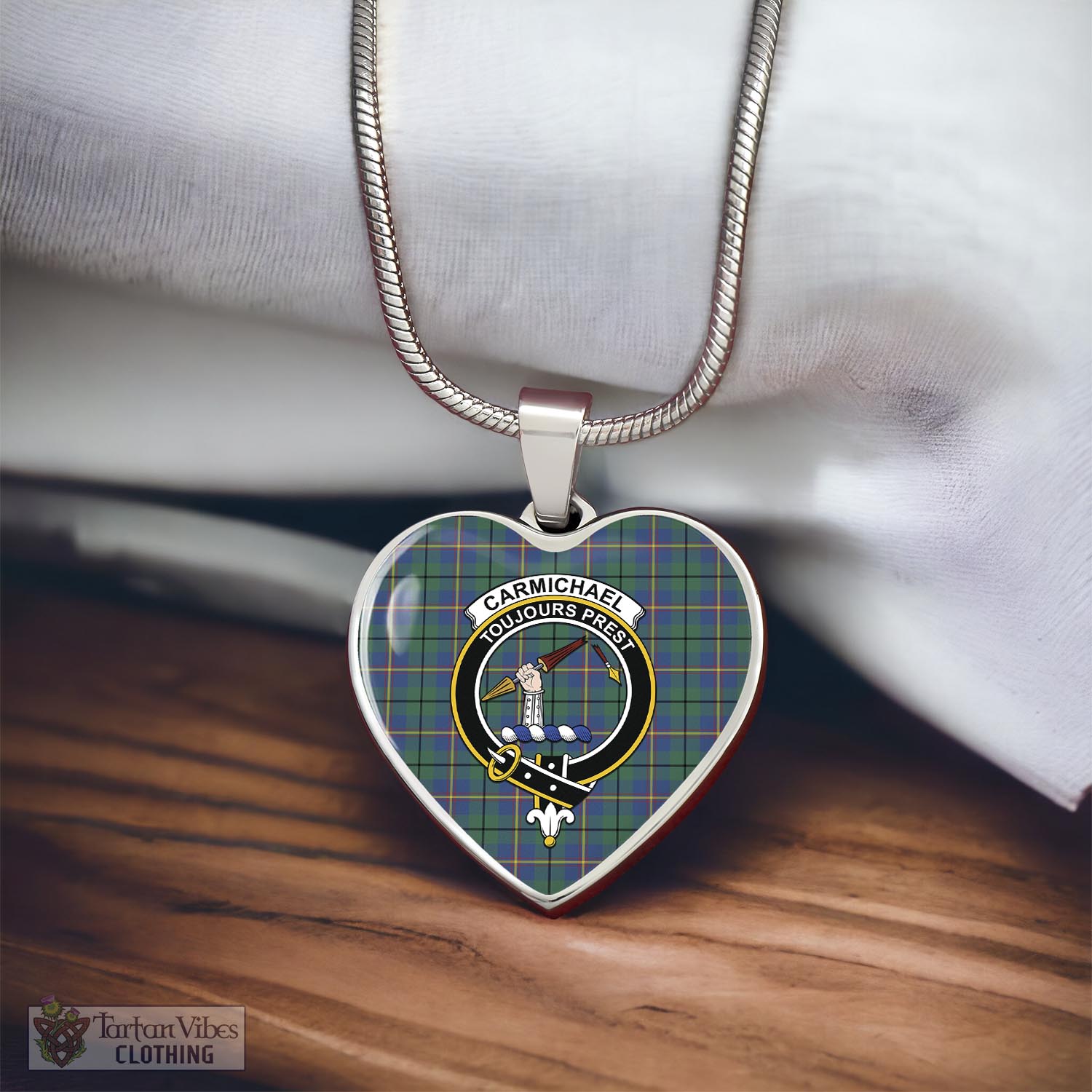 Tartan Vibes Clothing Carmichael Ancient Tartan Heart Necklace with Family Crest