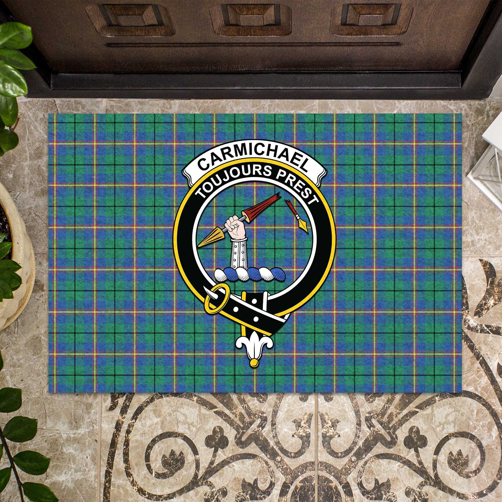 Carmichael Ancient Tartan Door Mat with Family Crest - Tartanvibesclothing