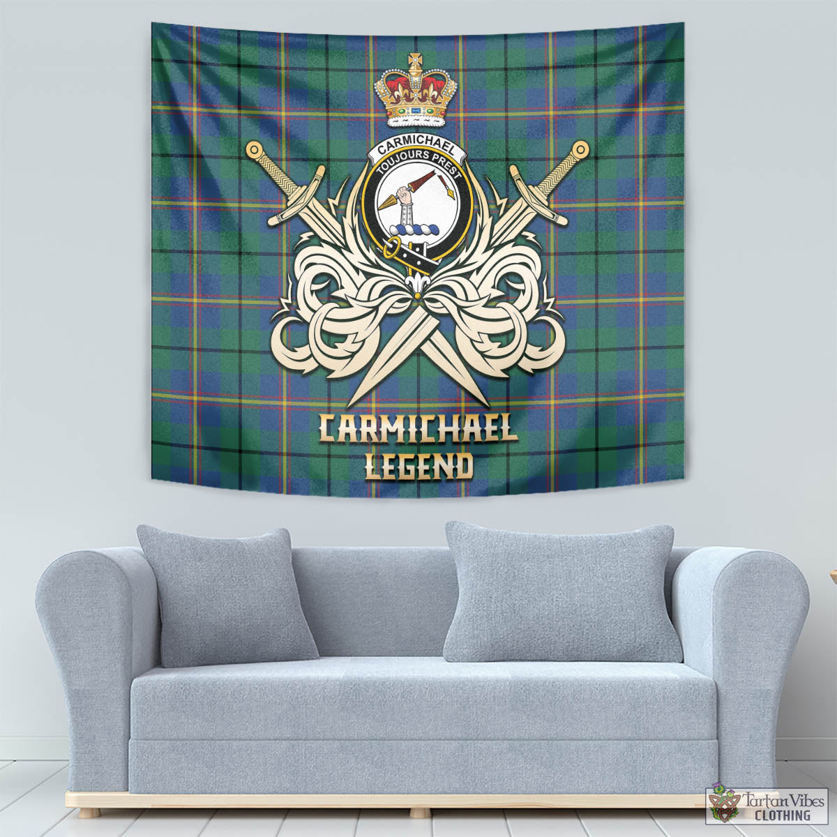 Tartan Vibes Clothing Carmichael Ancient Tartan Tapestry with Clan Crest and the Golden Sword of Courageous Legacy