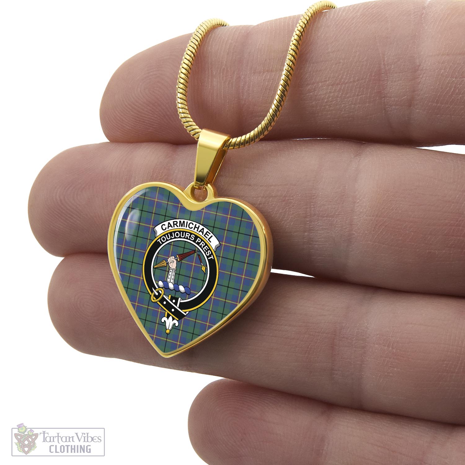 Tartan Vibes Clothing Carmichael Ancient Tartan Heart Necklace with Family Crest