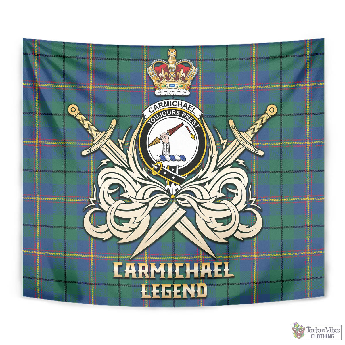 Tartan Vibes Clothing Carmichael Ancient Tartan Tapestry with Clan Crest and the Golden Sword of Courageous Legacy