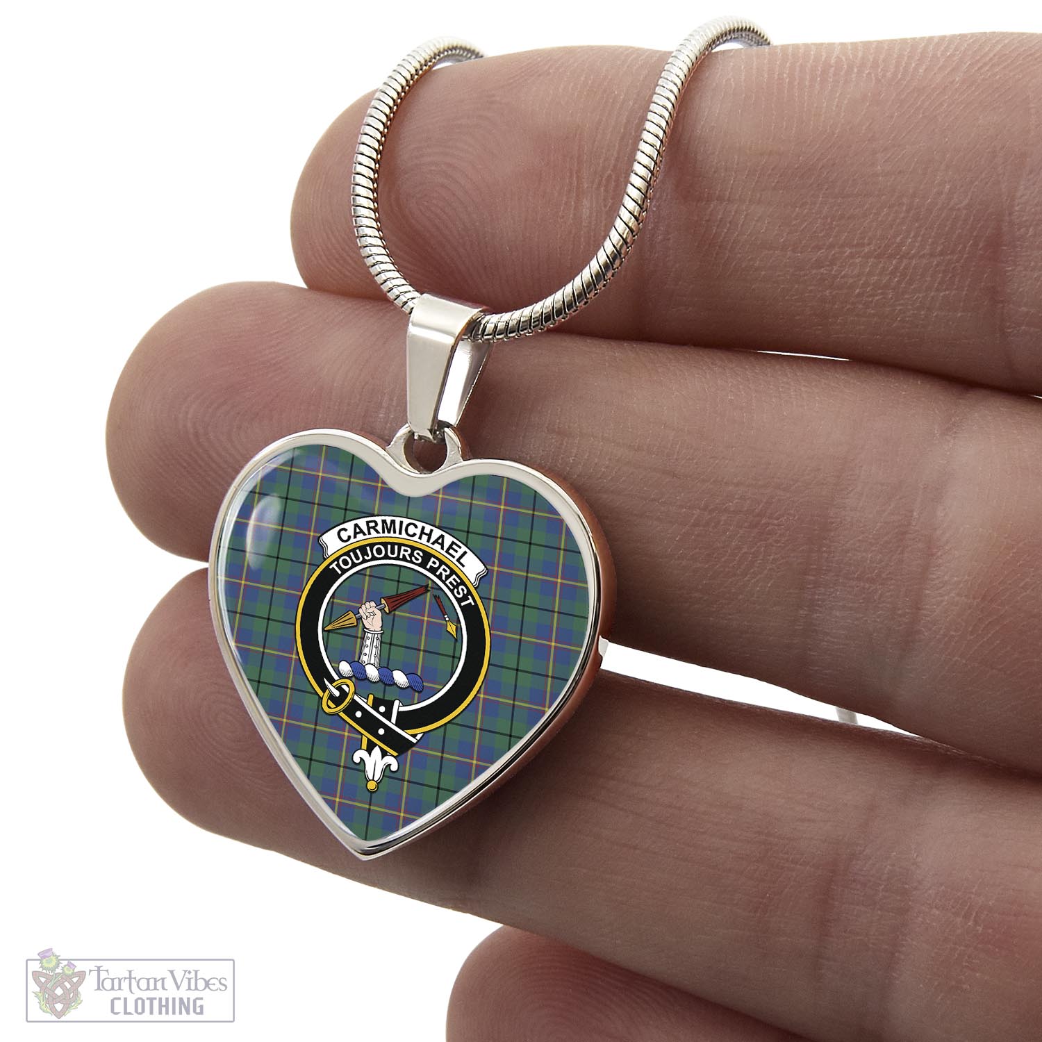 Tartan Vibes Clothing Carmichael Ancient Tartan Heart Necklace with Family Crest