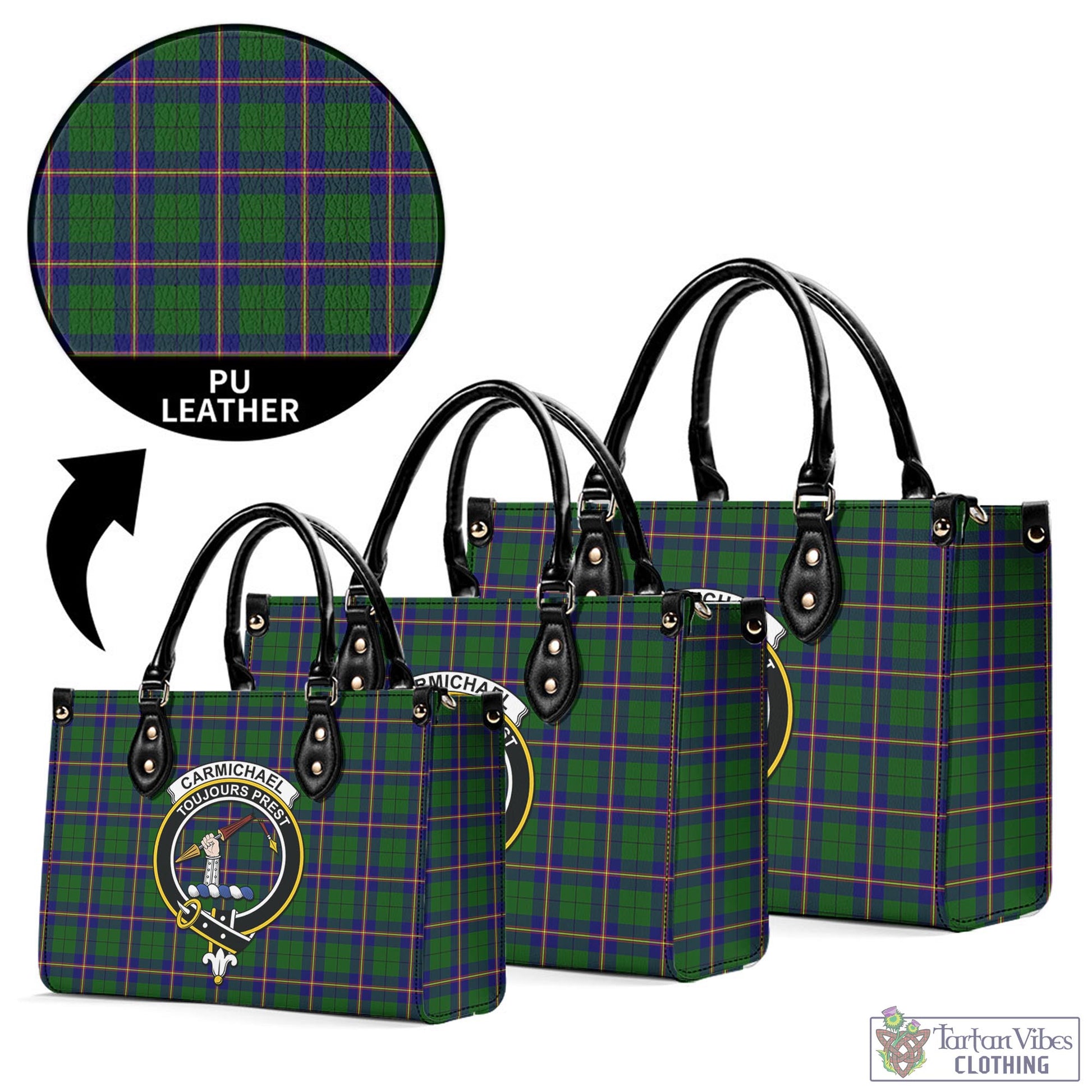 Tartan Vibes Clothing Carmichael Modern Tartan Luxury Leather Handbags with Family Crest