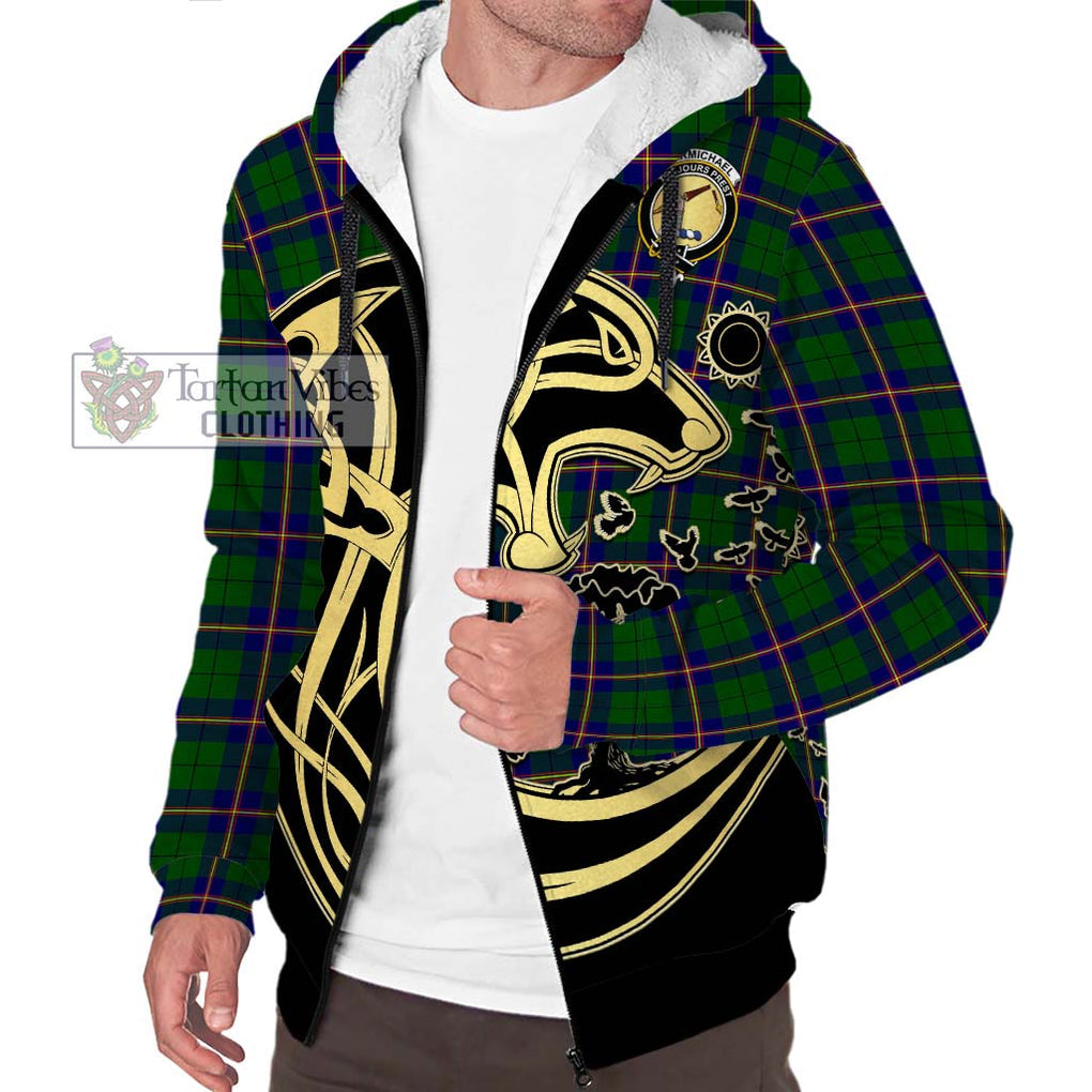 Carmichael Modern Tartan Sherpa Hoodie with Family Crest Celtic Wolf Style Unisex S - Tartan Vibes Clothing