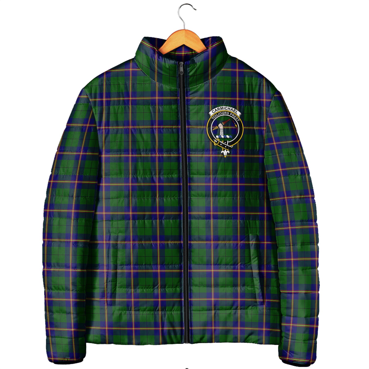 Carmichael Modern Tartan Padded Jacket with Family Crest Men's Padded Jacket - Tartan Vibes Clothing