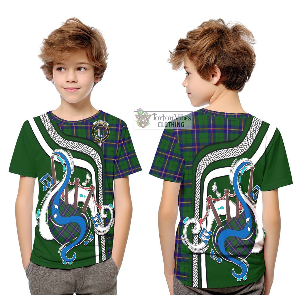 Tartan Vibes Clothing Carmichael Modern Tartan Kid T-Shirt with Epic Bagpipe Style