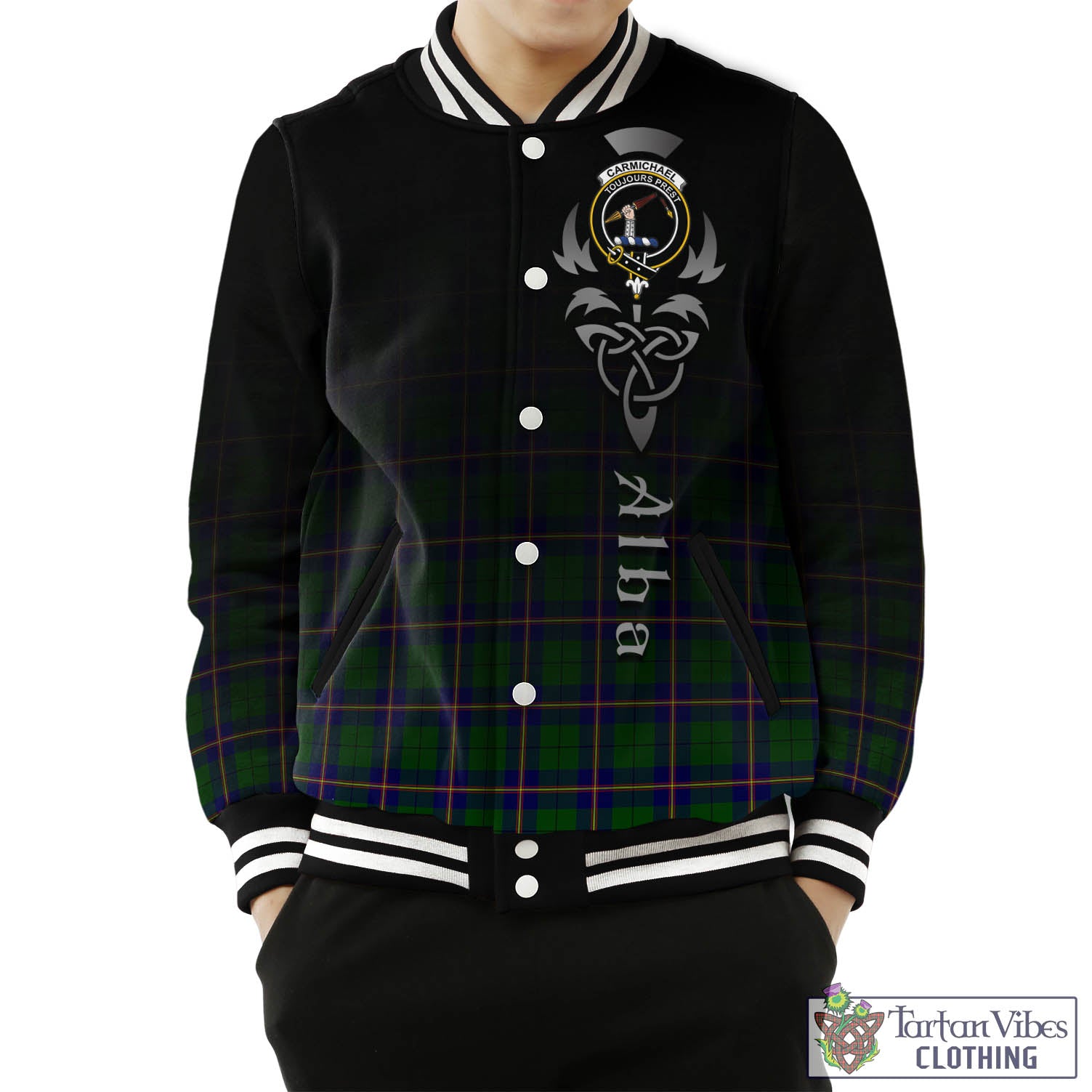 Tartan Vibes Clothing Carmichael Modern Tartan Baseball Jacket Featuring Alba Gu Brath Family Crest Celtic Inspired