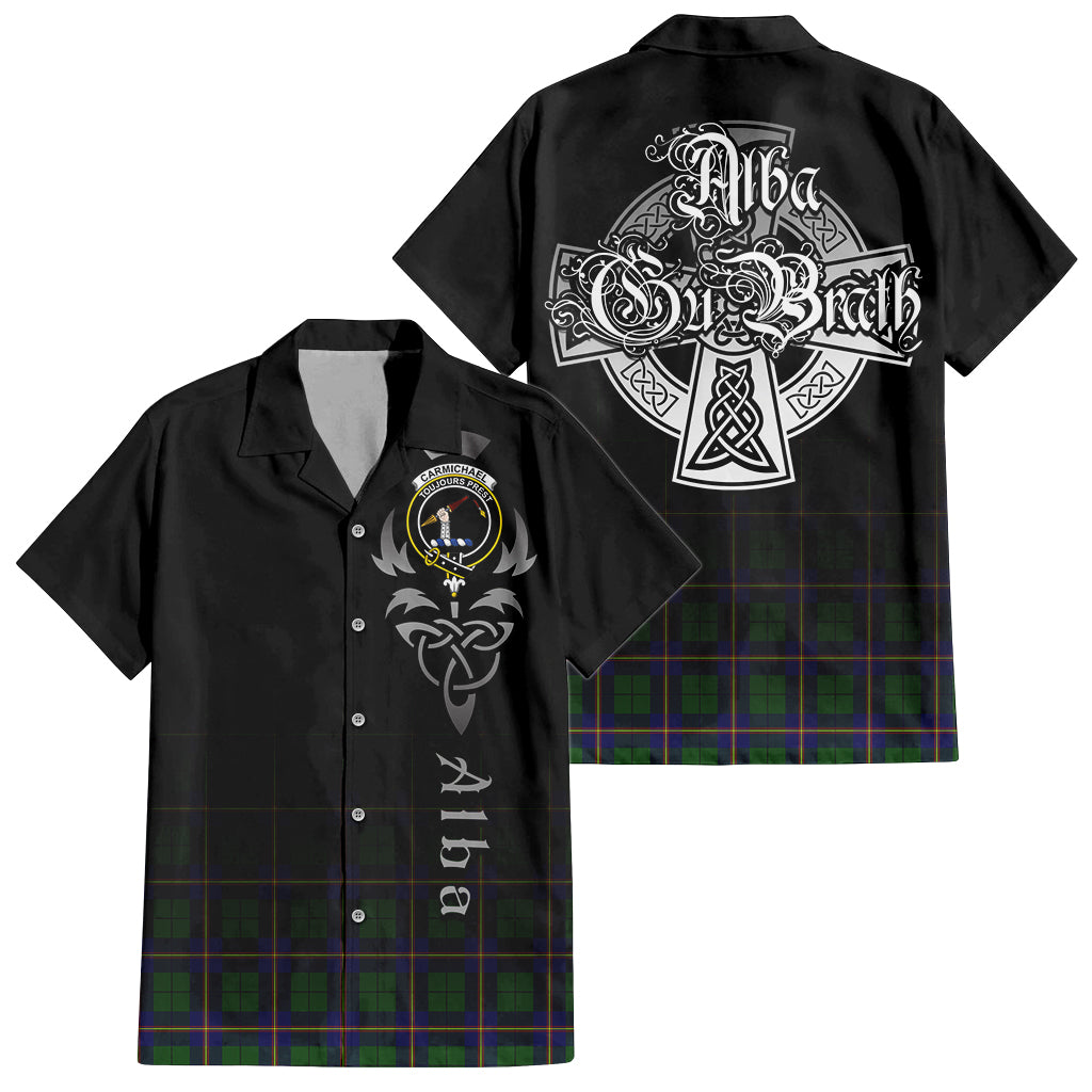 Tartan Vibes Clothing Carmichael Modern Tartan Short Sleeve Button Up Featuring Alba Gu Brath Family Crest Celtic Inspired