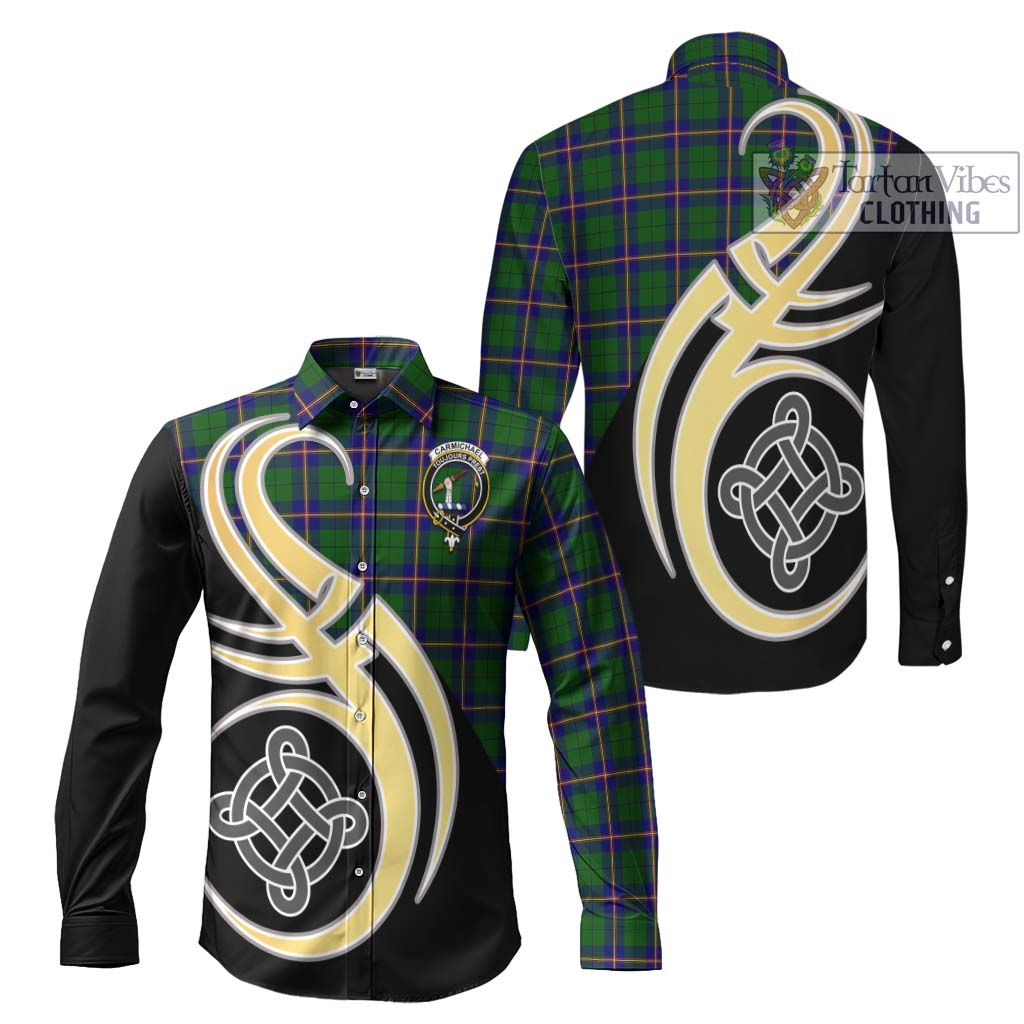 Carmichael Modern Tartan Long Sleeve Button Shirt with Family Crest and Celtic Symbol Style Men's Shirt S - Tartan Vibes Clothing