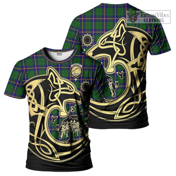 Carmichael Modern Tartan T-Shirt with Family Crest Celtic Wolf Style