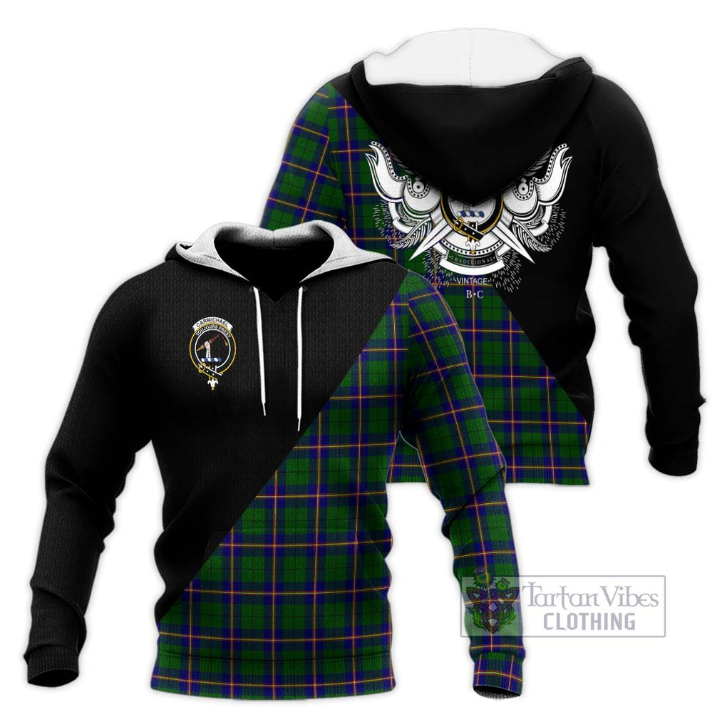 Carmichael Modern Tartan Knitted Hoodie with Family Crest and Military Logo Style Unisex Knitted Pullover Hoodie - Tartanvibesclothing Shop