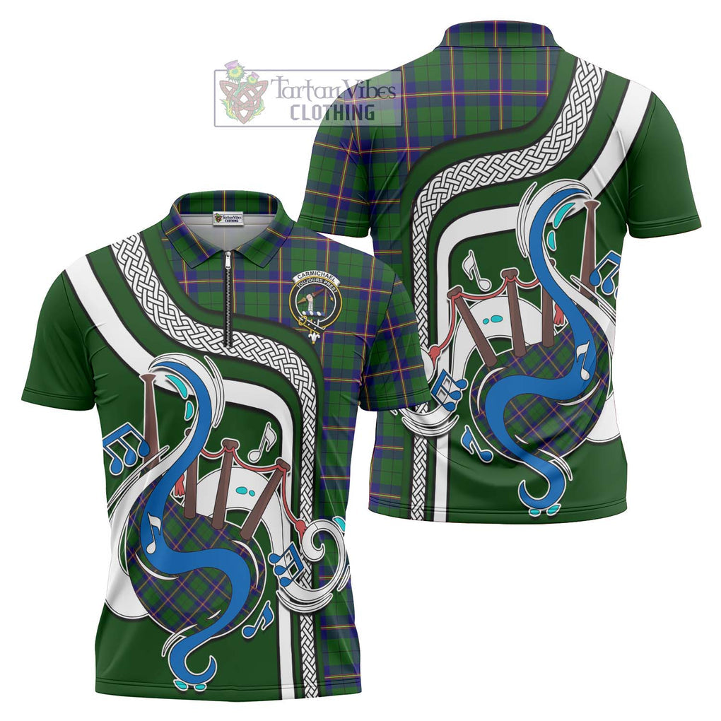 Carmichael Modern Tartan Zipper Polo Shirt with Epic Bagpipe Style Unisex - Tartanvibesclothing Shop