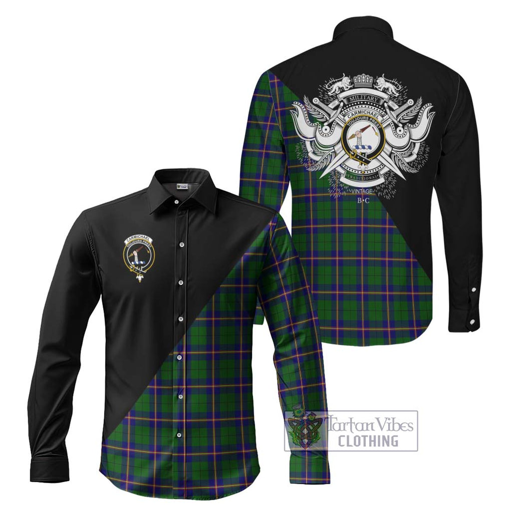 Carmichael Modern Tartan Long Sleeve Button Shirt with Family Crest and Military Logo Style Men's Shirt S - Tartanvibesclothing Shop