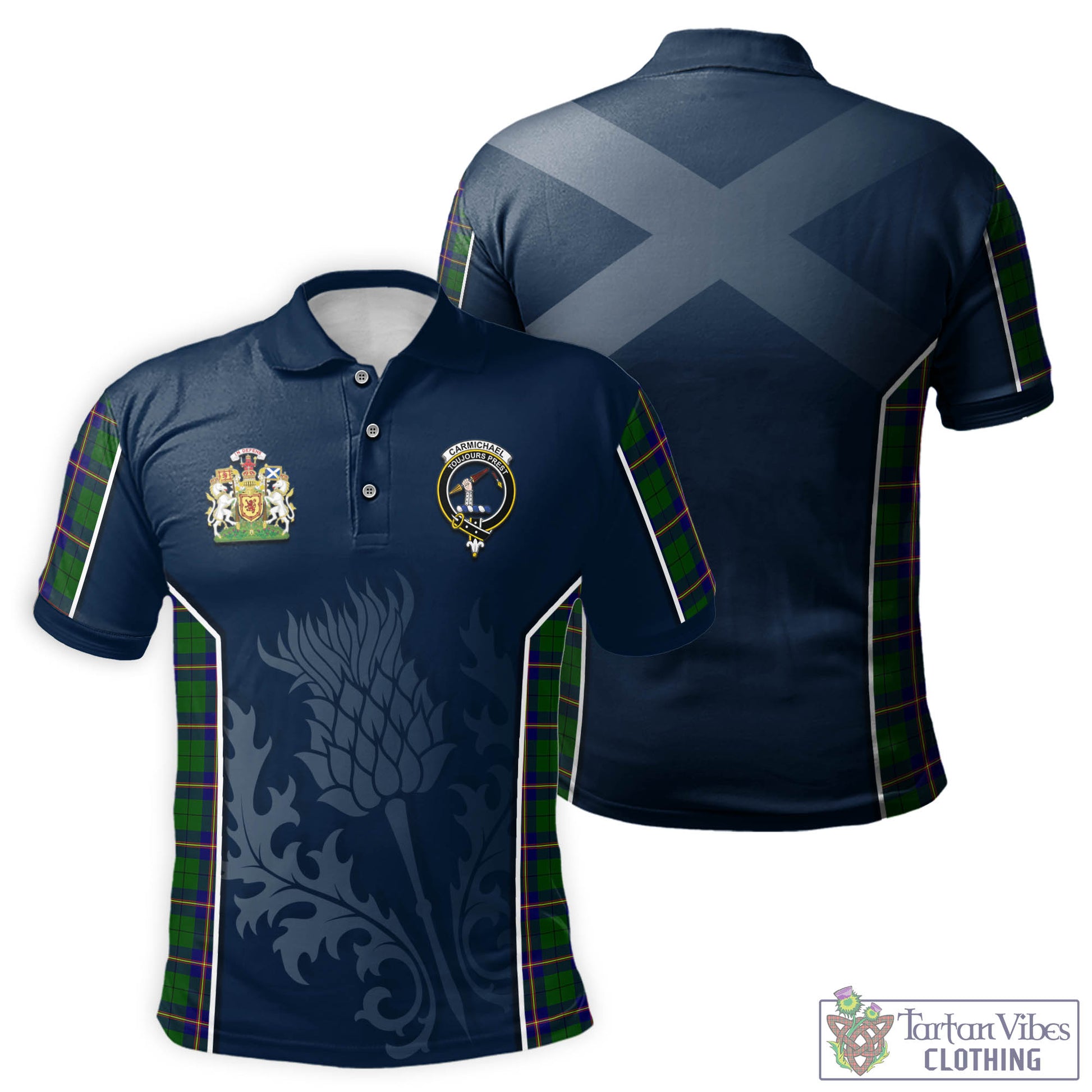 Tartan Vibes Clothing Carmichael Modern Tartan Men's Polo Shirt with Family Crest and Scottish Thistle Vibes Sport Style