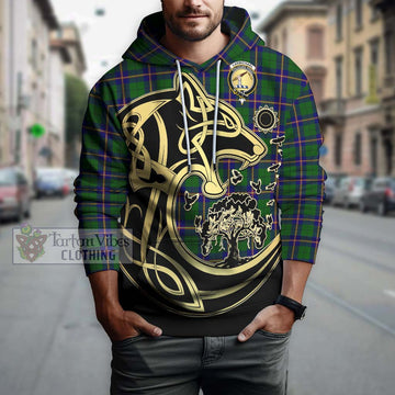 Carmichael Modern Tartan Hoodie with Family Crest Celtic Wolf Style