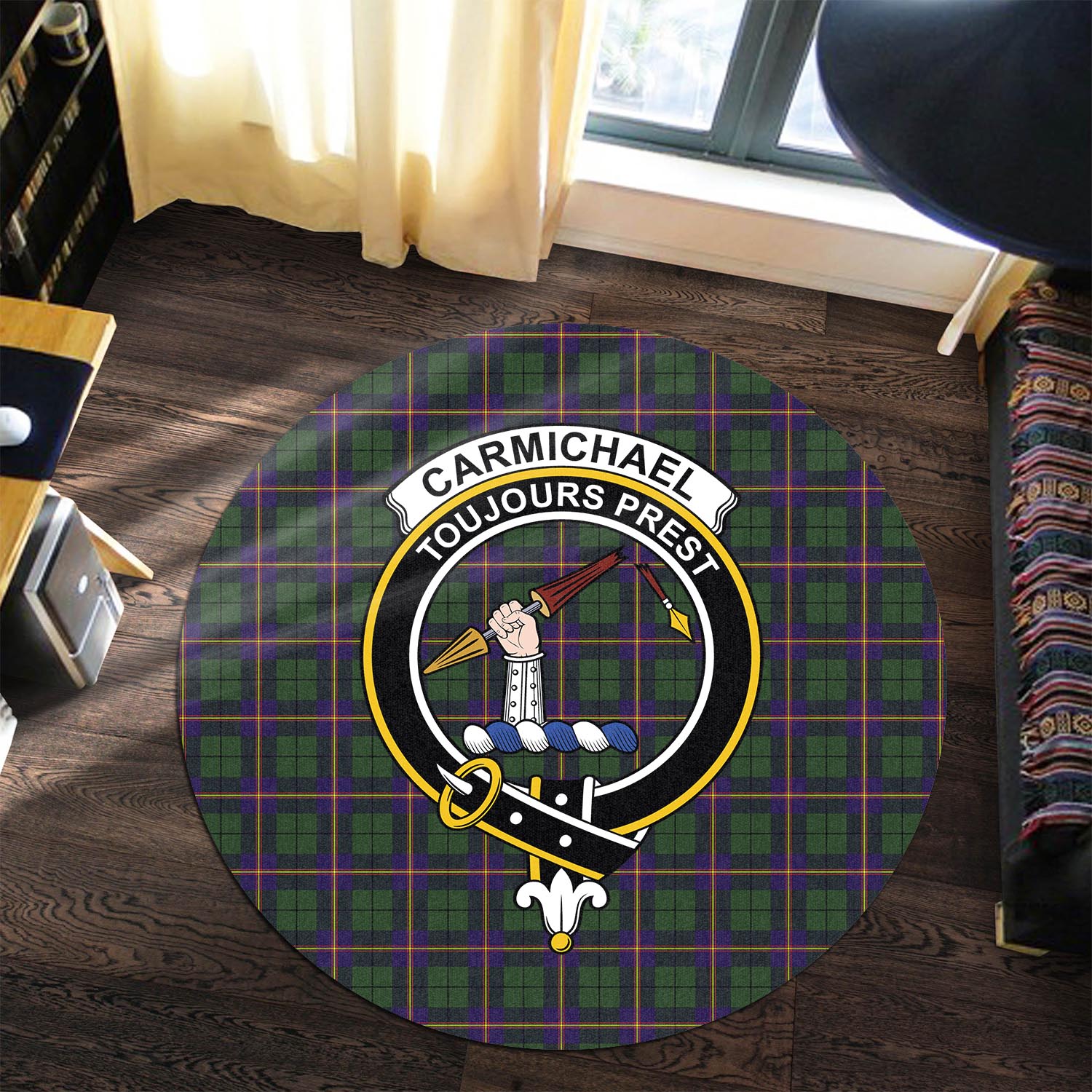 Carmichael Modern Tartan Round Rug with Family Crest - Tartanvibesclothing