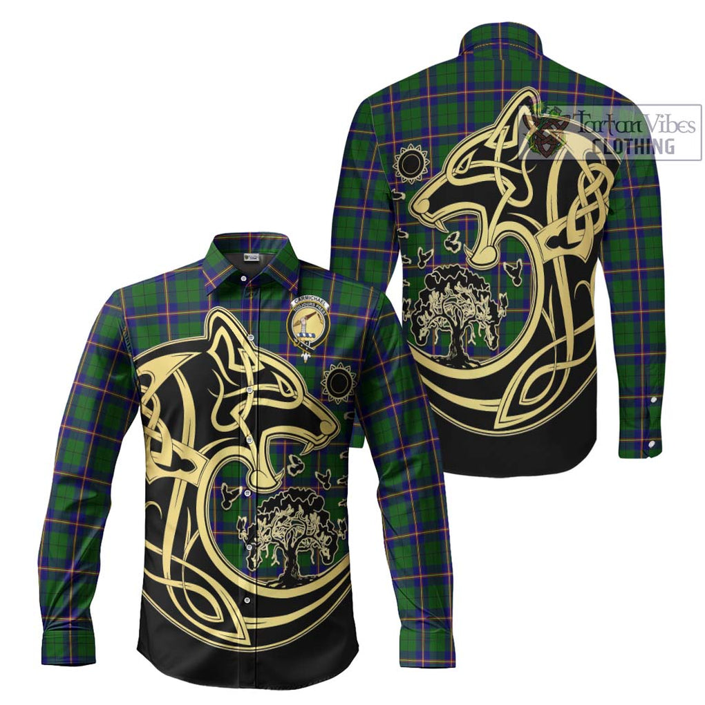 Carmichael Modern Tartan Long Sleeve Button Shirt with Family Crest Celtic Wolf Style Men's Shirt S - Tartan Vibes Clothing