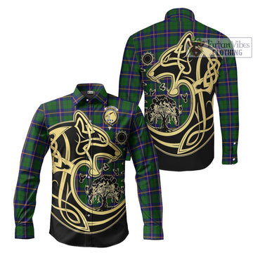 Carmichael Modern Tartan Long Sleeve Button Shirt with Family Crest Celtic Wolf Style