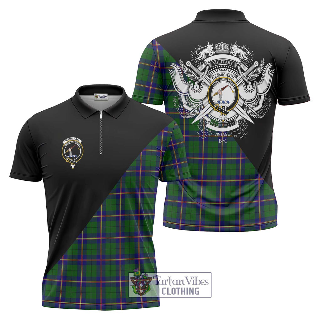 Carmichael Modern Tartan Zipper Polo Shirt with Family Crest and Military Logo Style Unisex - Tartanvibesclothing Shop