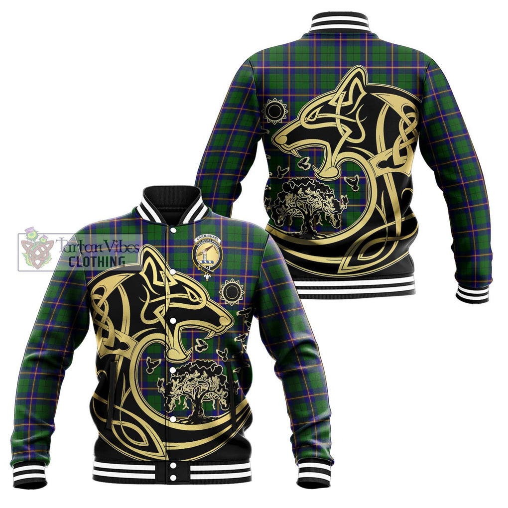 Carmichael Modern Tartan Baseball Jacket with Family Crest Celtic Wolf Style Unisex - Tartan Vibes Clothing