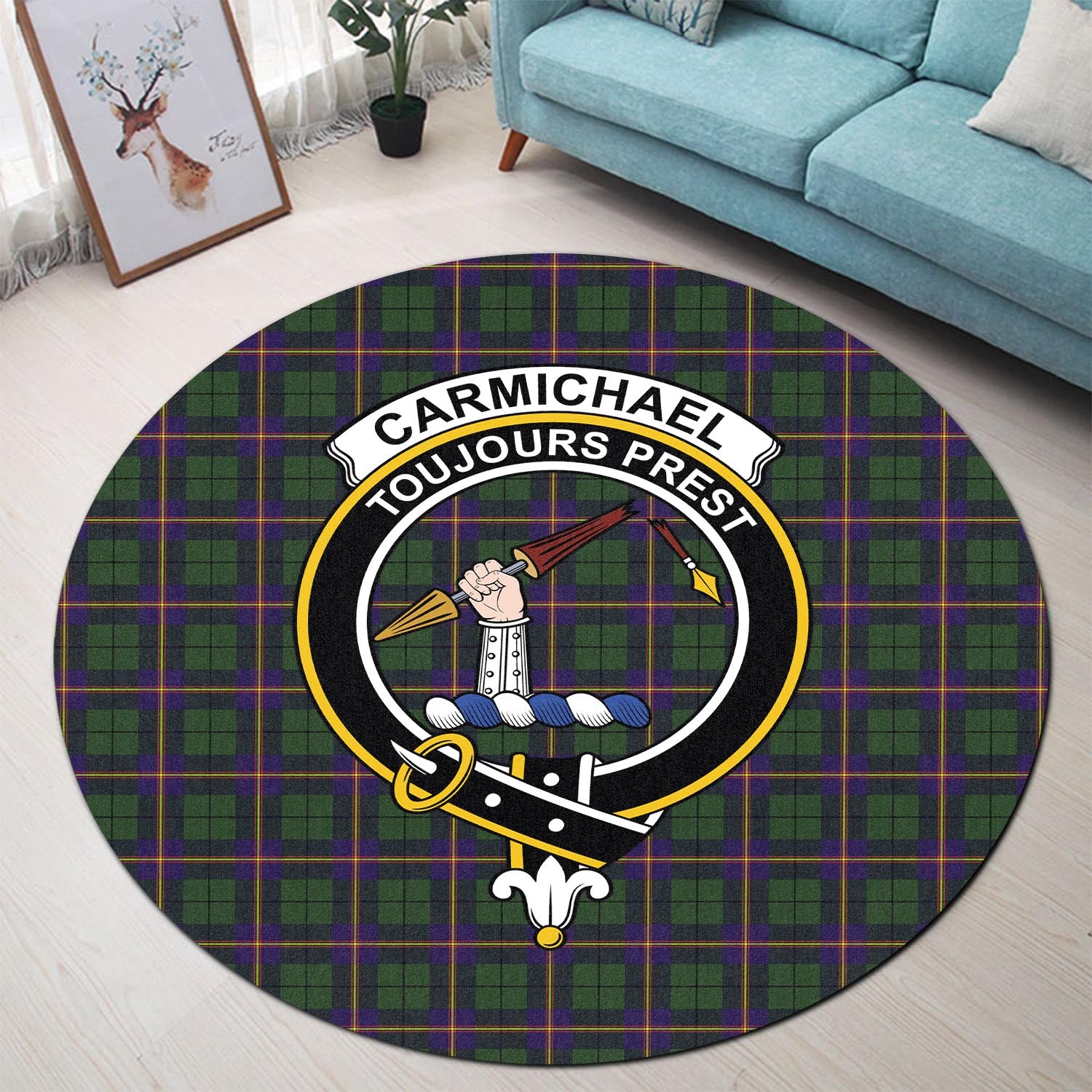 Carmichael Modern Tartan Round Rug with Family Crest - Tartanvibesclothing